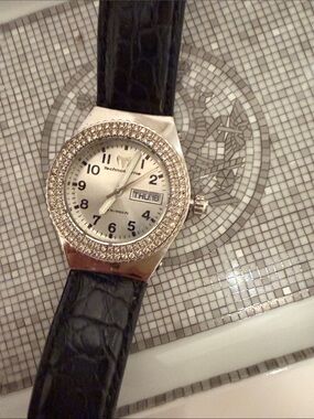 Technomarine Silver Dial Watch with Black Leather Strap and Crystal Bezel
